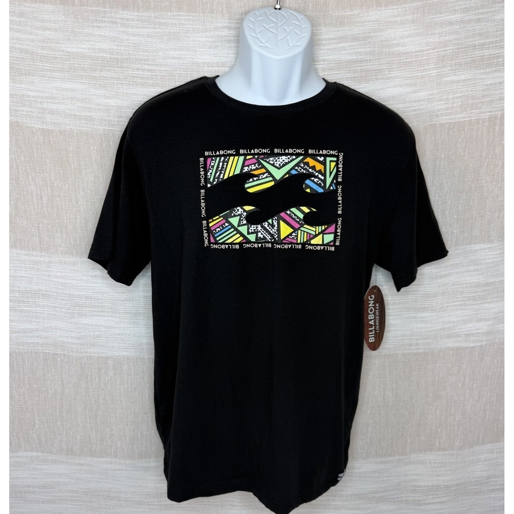 NWT Billabong Mens Loungewear Graphic T-Shirt Sz M Black Neon Geometric Wave NEW